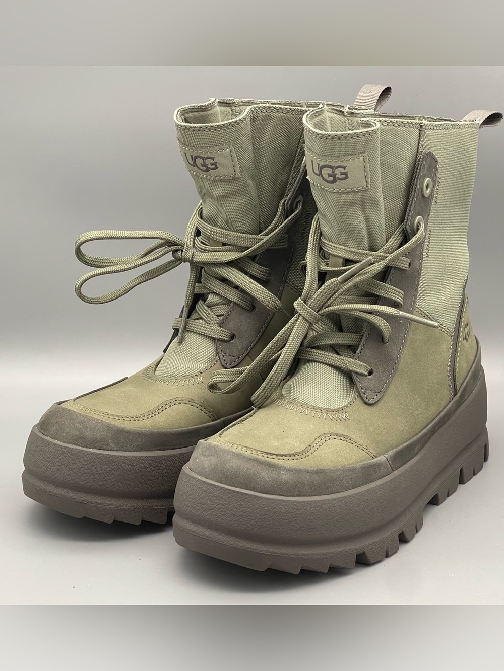 UGG Lug Canvas Waterproof Combat Boots Olive Green Grey 1143833 Women Size 5 NEW
